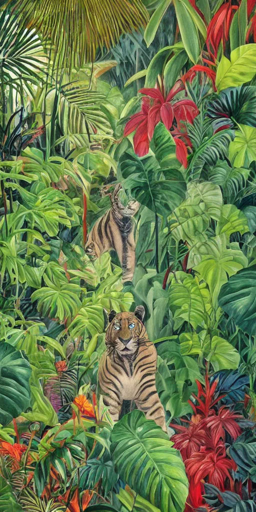 Image similar to deep in the jungle with exotic plant life, colorful tropical plants, natural botanical gardens, vines along the jungle floor, a panthers eyes staring at the camera, acrylic painting by henri rousseau and james jean, artstation, concept art, award winning,