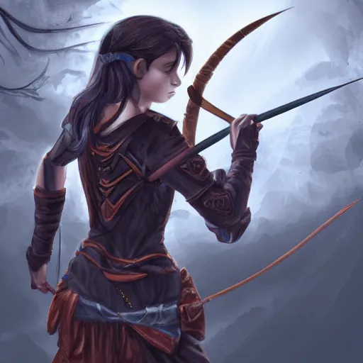 Image similar to a young tiefling ranger holding a bow ready, highly detailed digital painting 4 k