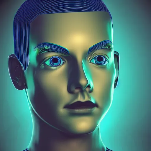 Image similar to vector icon of a young cyberpunk boy\'s head in light blue metallic iridescent material, 3d render isometric perspective on dark background