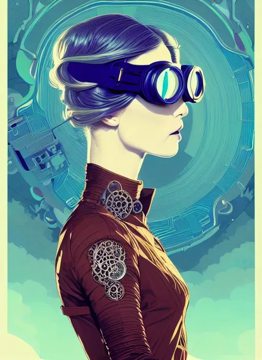 Prompt: portrait of beautiful nordic woman wearing steampunk goggles, blue eyes, artstation winner by victo ngai, kilian eng and by jake parker, by conrad roset, swirly vibrant color lines, winning award masterpiece, fantastically gaudy, aesthetic octane render, 8 k hd resolution