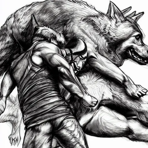 Image similar to a humanoid german shepherd beast - man wrestling with another german shepherd in the middle of an arena, pencil art, added detail, high definiton, colored, aerial viewyoji shinkawa