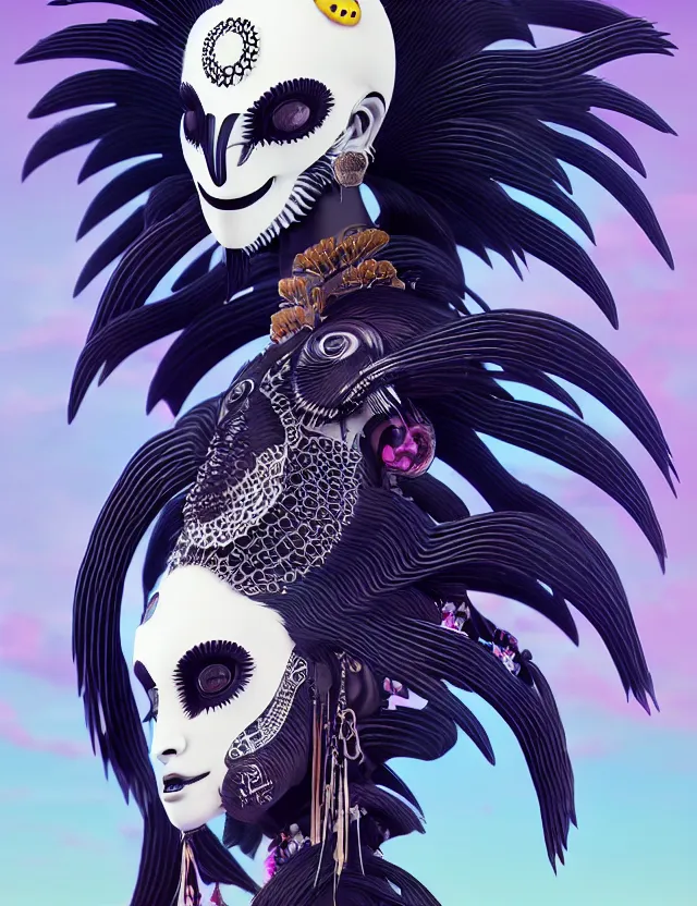 Image similar to 3 d goddess close - up profile simple portrait punk with mohawk with ram skull. beautiful intricately detailed japanese crow kitsune mask and clasical japanese kimono. betta fish, jellyfish phoenix, bio luminescent, plasma, ice, water, wind, creature, artwork by tooth wu and wlop and beeple and greg rutkowski