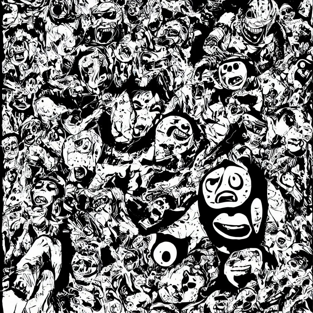 Prompt: screaming faces, kazuo umezu artwork, jet set radio artwork, stripes, tense, space, skimask, balaclava, ominous, minimal, cybernetic, cowl, ink, acrylic, dots, stipples, crisp lines, hashing, thumbprint, dark, eerie, circuit board, crosswalks, guts, folds, tearing, painting