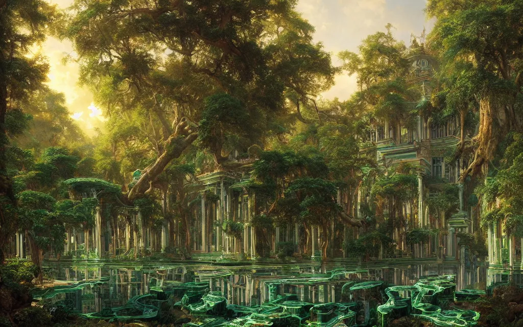 Prompt: a detailed oil painting of an intricate, ornate palace made of green, polished semiprecious malachite marble and jade, hyper detailed, hd, artstation, beautiful sunrise lighting, forest setting, by john williams waterhouse, thomas kincade, michael whelan and donato giancola