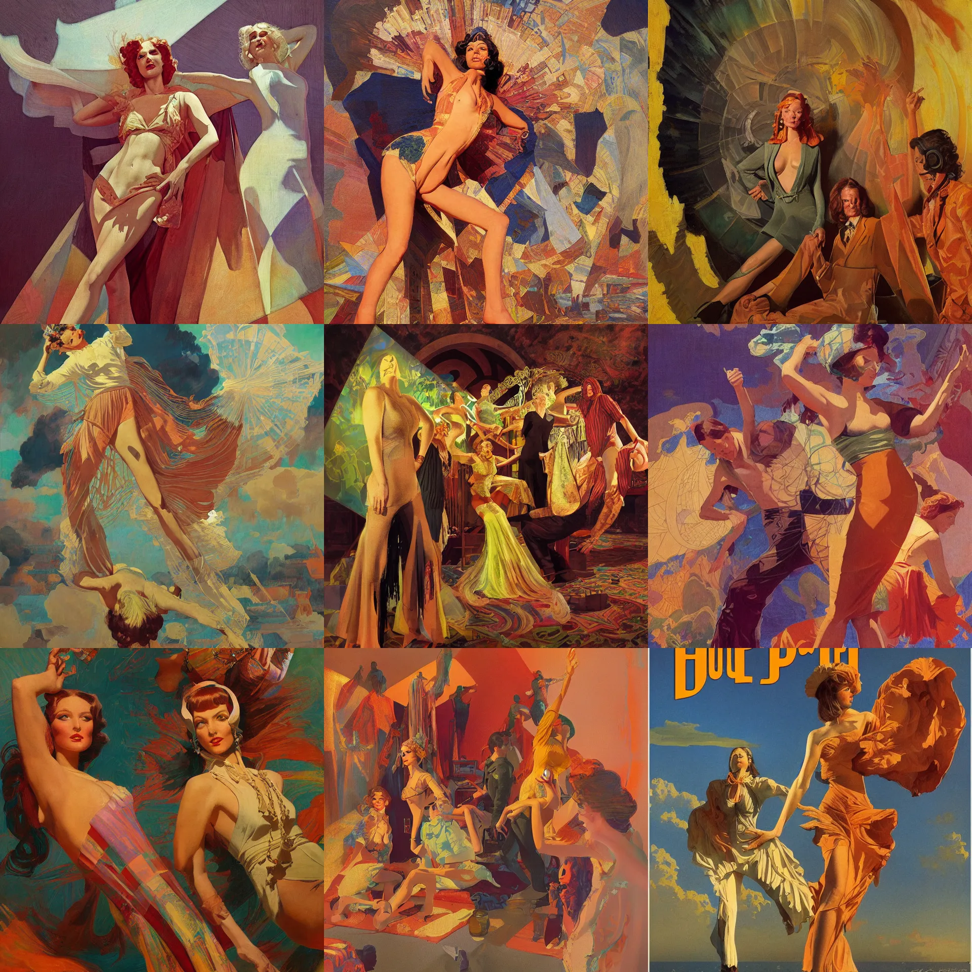 Prompt: pulp art, 1970s hippie cloth style, artwork by Joseph Leyendecker and Hugh Ferriss and gil elvgren and ilya repin and Greg Manchess, illustration, volumetric light, geometric shapes, impressionism, soviet paintings, 3d octane blender render, progressive rock album cover