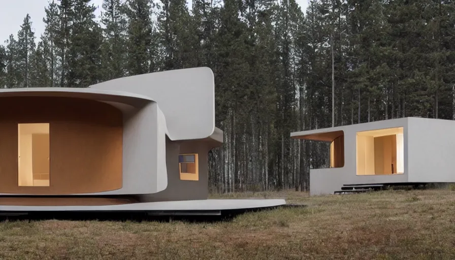 Prompt: A wide image of a full innovative contemporary prefab cabin with rounded corners, beveled edges, 3D printed line texture, made of cement, organic architecture, Designed by Gucci, Balenciaga, and Wes Anderson