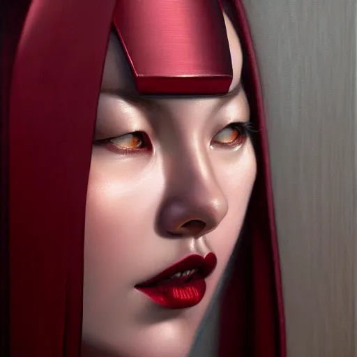 Prompt: chaotic burgundy satin ribbons build image of face, one point perspective, moebius, bao pham, donato giancola, larry elmore, masterpiece, trending on artstation, featured on pixiv, cinematic composition, beautiful lighting, sharp, details, hyper - detailed, hdr, 4 k, 8 k