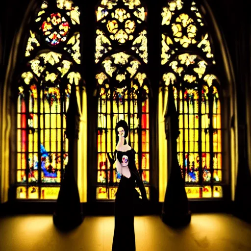 Image similar to 1 8 mm gothic girl dressed in black, behind her a gothic cathedral, dramatic lights, dark ambients, the windows of the cathedral are reflecting red flame lights, golden hour, detailed face, intricate ornaments