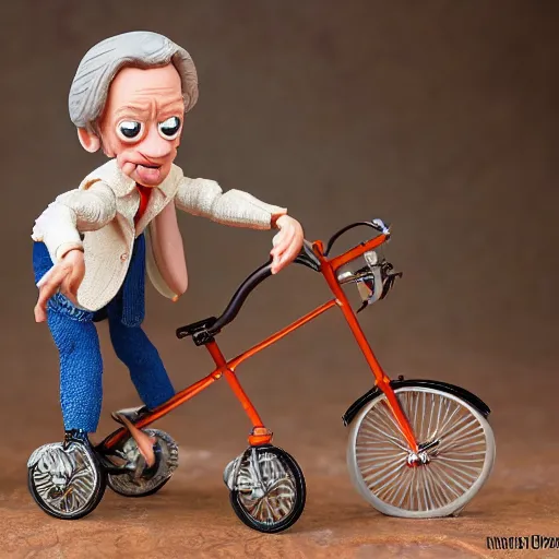 Image similar to product photography of a claymation action figure steve buscemi riding a children's tricycle, depth of field, zeiss lens, detailed, centered, by nicoletta ceccoli, mark ryden, erwin olaf, earl nore, frank frazetta, breathtaking, 8 k resolution, extremely detailed, beautiful, establishing shot, hyperrealistic