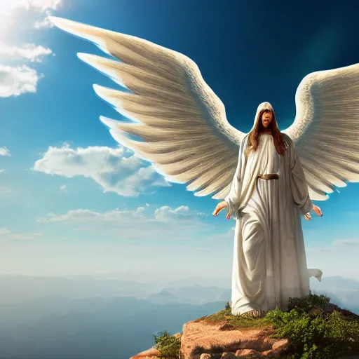 Image similar to gigantic biblical depiction of an angel towering over a vast landscape, cinematic, realistic, geometric body, photorealistic, detailed, white body, global illumination, volumetric lighting, 8 k, god rays, beautiful, majestic clouds