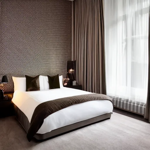 Prompt: bedroom at extremely expensive hotel in london. high - fashion boutique hotel. minimalist decor. detailed beautiful photography.