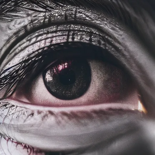 Image similar to a closeup portrait of the eye of the goddess of introspection, extreme chromatic aberration, anamorphic bokeh, long exposure photography, film, distortion, highly detailed, hyperrealism, cinematic