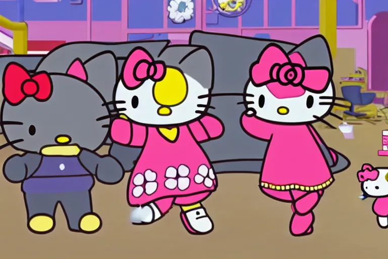 Image similar to animated cartoon film of hello kitty at the gym, big muscles hello kitty by sanrio