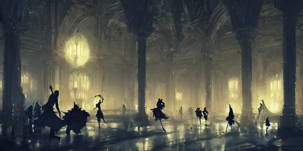 Image similar to beautiful render of a ballroom, concept art, some dancers, at night, medieval!!, very bright, artstation, detailled, manga!, fantasy! by greg rutkowski