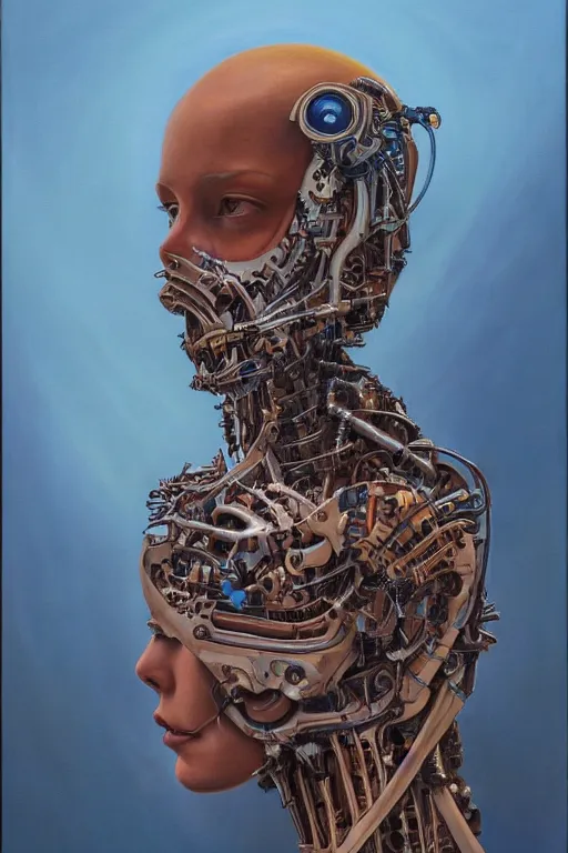 Prompt: beautiful oil painting portrait of biomechanical woman face connected to the machine by chesley bonestell, wayne barlowe, complex, stunning, realistic skin color, 4 k, high res, awardwinning, masterpiece, realistic lighting