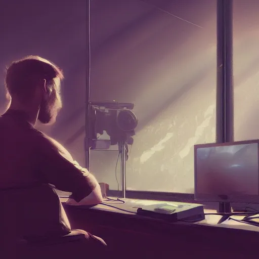 Prompt: a man sitting in front of a monitor with a camera by his side, digital illustration, volumetric lighting, greg rutkowski, artstation