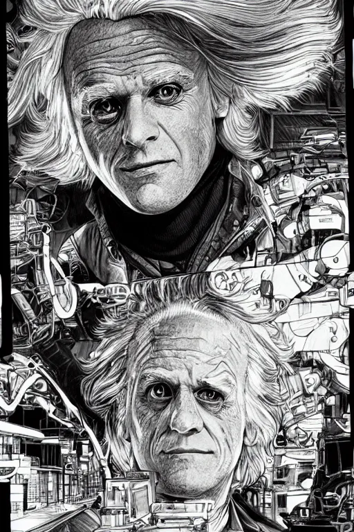 Image similar to doc emmett brown looks at his delorean, pen and ink, intricate line drawings, art by krenzcushart, by yoshitaka amano, kentaro miura, artgerm, wlop,