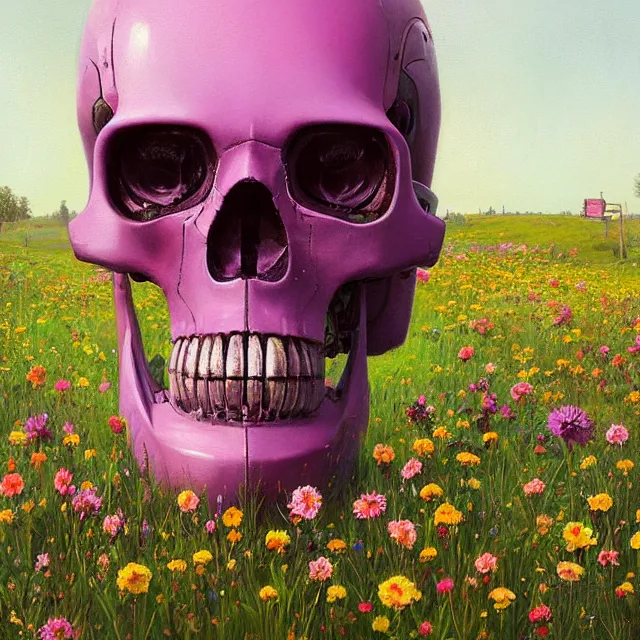 Prompt: a beautiful portrait painting of a cyberpunk robot skull in a field of flowers by simon stalenhag