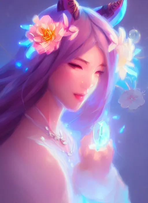 Image similar to cute little dragon, flowers, neon blue, light pink, gold, diamonds, highly detailed, artgerm, cushart krenz, artstation, soft light, sharp focus, illustration, character design, concept art