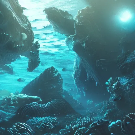 Image similar to vanishing perspective underwater view of the alien landscape underwater on the ocean bed, deep blue ocean color, some plant life, alien fish swimming on the background, cinematic perspective, cinematic lighting, matte painting, detailed, sci - fi, hdr, 4 k, artstation