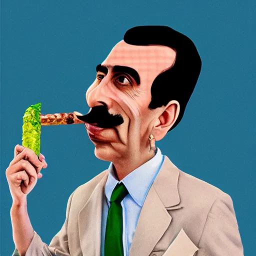 Prompt: Borat smoking a giant joint, caricature, smoke, amazing detail, digital art, artstation