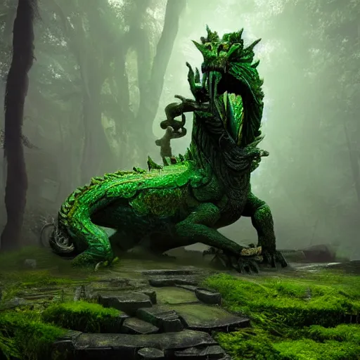 Prompt: epic temple ruin with a statue of a dragon overgrown with moss in a dark lush green forest, dark night, magical glowing particles, volumetric fog, by greg rutkowski, WLOP, trending on ArtStation, CGSociety, concept art, cgsociety, octane render, trending on artstation, artstationHD, artstationHQ, unreal engine, 8k