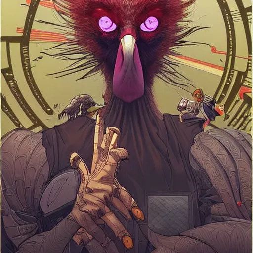 Image similar to Ostrich-themed supervillain, comic book, highly detailed, artstation, digital illustration, concept art, by Kyoto Animation and Studio Ghibli, by Ilya Kuvshinov and Alphonse Mucha