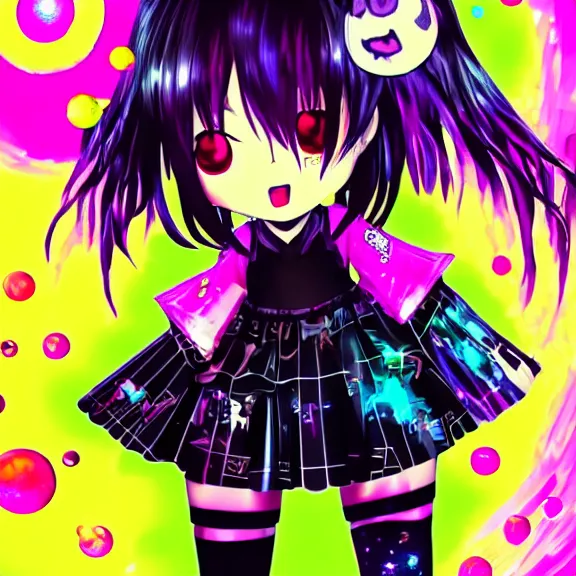 Image similar to photo of a emo manic pixie dream girl, 8k, portrait | sanrio glitchcore yokai girl, shadowverse character concept, found footage horror, glitter gif | d anime decora gyaru kawaii fashion model, v tuber, darling in the frank,asuka, anime best girl, with glitch and scribble effects, psychedelic colors, 3d render octane, by wlop, wenjr, beeple, artstation,imaginefx