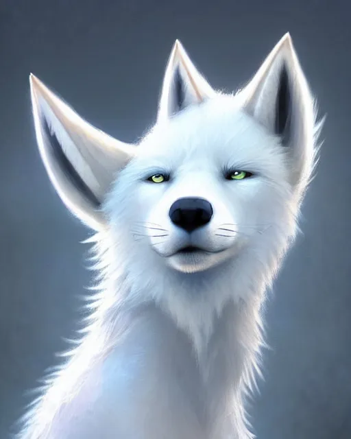 Image similar to character concept art of a cute young male anthropomorphic furry white wolf | | cute - fine - face, pretty face, key visual, realistic shaded perfect face, fine details by stanley artgerm lau, wlop, rossdraws, james jean, andrei riabovitchev, marc simonetti, and sakimichan, trending on artstation