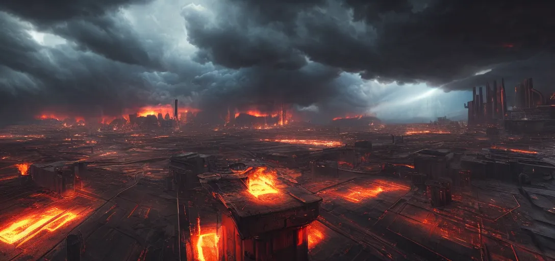 Prompt: dramatic view of empty cyberpunk underground foundry, giant burning fire pillars, chimney stacks spitting out fire and smoke, glowing ominous clouds, lightning, unreal engine, dramatic lighting, detailed, ambient occlusion, global illumination, god rays, 3 d artstation render by greg rutowski and jessica rossier