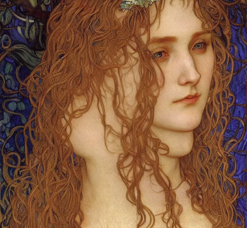 Image similar to detailed realistic beautiful young medieval queen face portrait by jean delville, alphonse mucha, vincent van gogh, and marco mazzoni, art nouveau, symbolist, visionary, gothic, pre - raphaelite