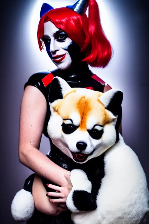 Image similar to lady gaga dressed as harley quinn attacked by plush shiba inu, plush toy, luxury materials, symmetrical, cinematic, elegant, professional studio light, real dlsr photography, sharp focus, 4 k, ultra hd, sense of awe, high fashion