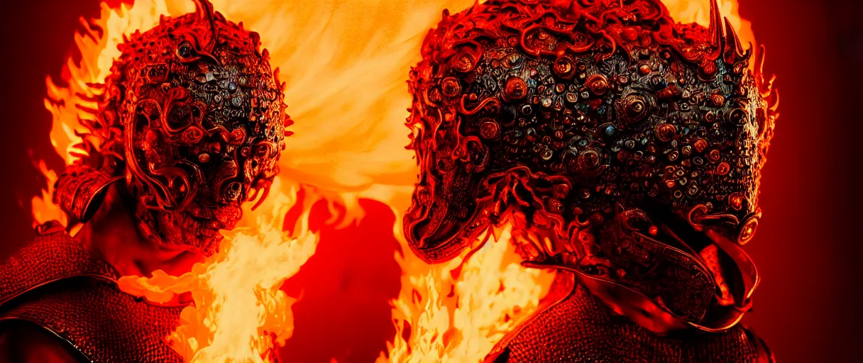 Image similar to hyperrealist highly detailed english medieval portrait of high fashion monster wearing flame fire smoke flame armor, radiating atomic neon corals, concept art pascal blanche dramatic studio lighting 8k wide angle shallow depth of field