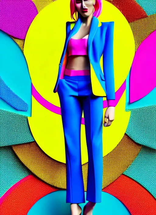 Prompt: bright trouser suit for a rave, bright colors, many details, prints, photo for a magazine, photo for a store, fashion photography, Vogue, 135 mm, cinematic, hyper realism, high detail, 8k, Two models in the frame, dynamic pose,Smooth skin, perfect face, no make up