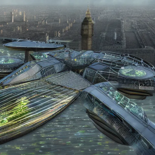 Image similar to A futuristic sky garden floating over polluted London in the year 2500, photorealistic, Big Ben, London Eye, Houses of Parliament, London, highly detailed, 4k, 8k