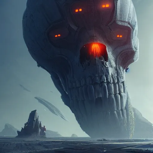 Image similar to a spaceship on a skull of a colossal creature, in the style of wlop and greg rutkowski, illustration, epic, sci - fi, hyper detailed, smooth, unreal engine 5, sharp focus, ray tracing