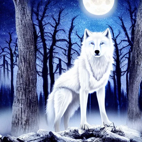 Image similar to white wolf with blue eyes stands in a dark night dormant autumn forest with magic moon in sky, no yellow color in eyes, no yellow color, realistic