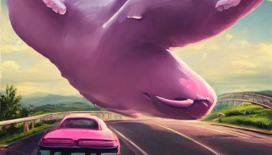 Prompt: an oil painting of a giant pink whale falling out of a blue sky onto cars on a busy bridge, realistic, cinematic lighting