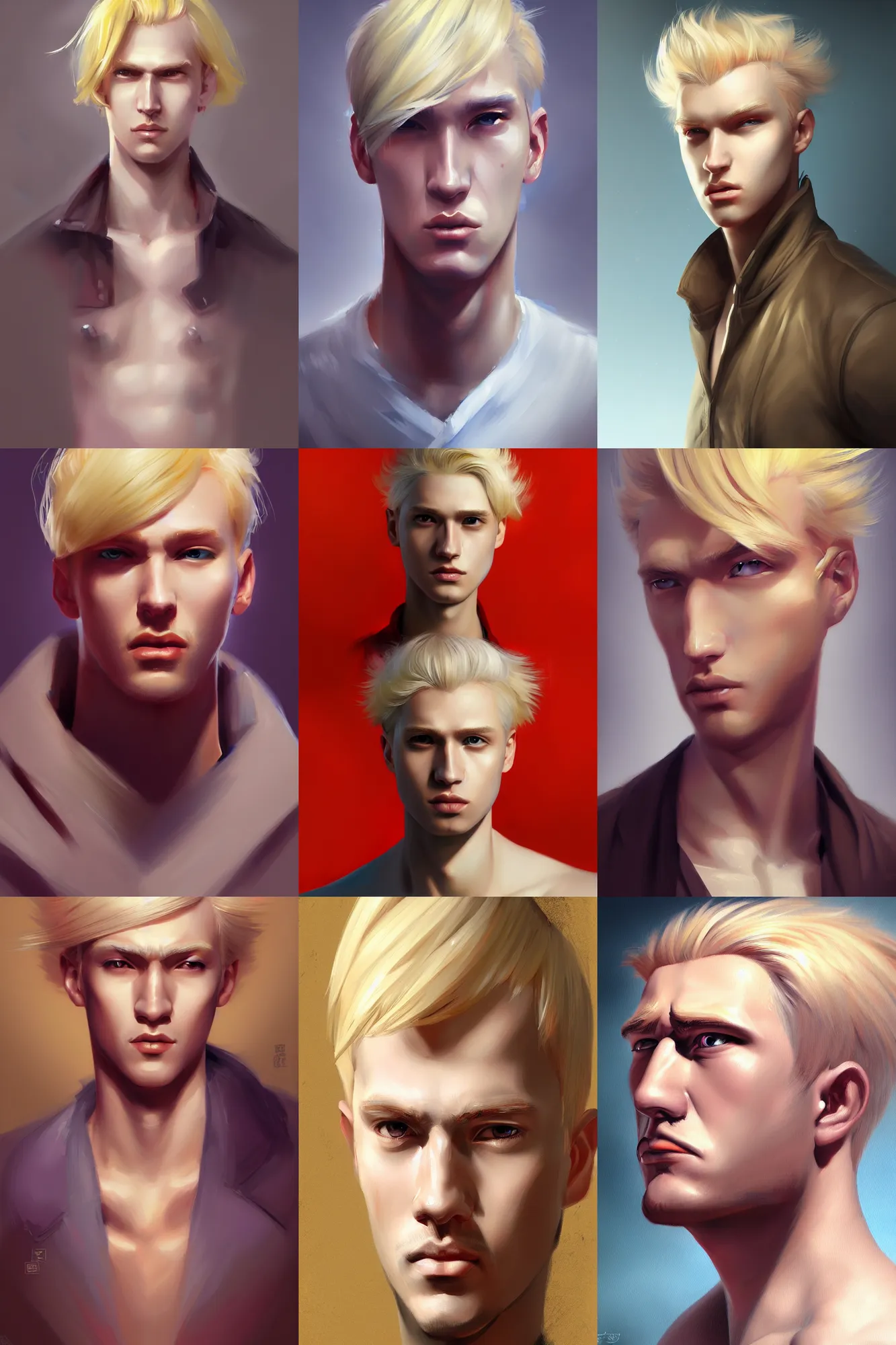 Prompt: a painting of a man with blonde hair, a character portrait by Xiaoyu Wang, cgsociety, shock art, androgynous, speedpainting, digital painting