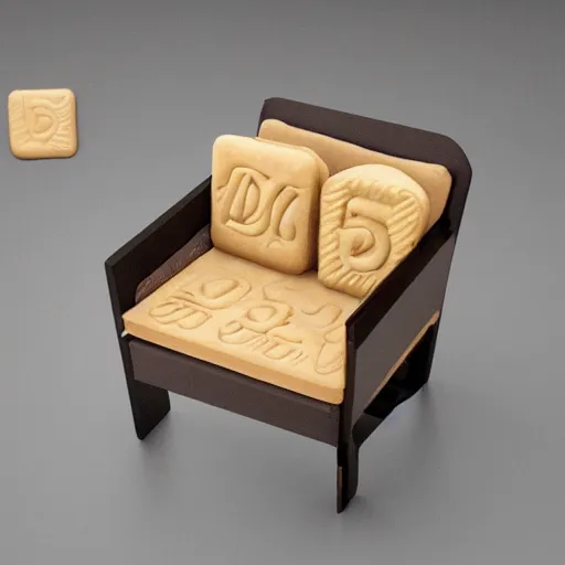 Prompt: chair made from biscuits, new product, realsitic, photorealistic, 8k render, photography