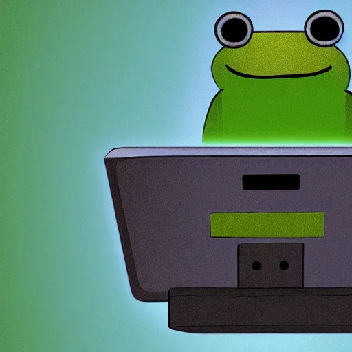 Image similar to abstract art of a frog sitting behind a computer