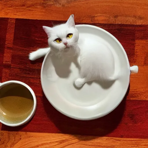 Image similar to a white cat is pouring tea