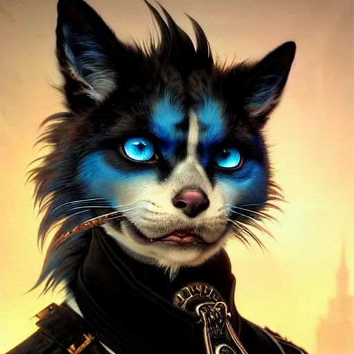 Prompt: portrait painting of a punk catfolk bard with blue eyes and black fur, ultra realistic, concept art, intricate details, eerie, highly detailed, photorealistic, octane render, 8 k, unreal engine. art by artgerm and greg rutkowski and charlie bowater and magali villeneuve and alphonse mucha