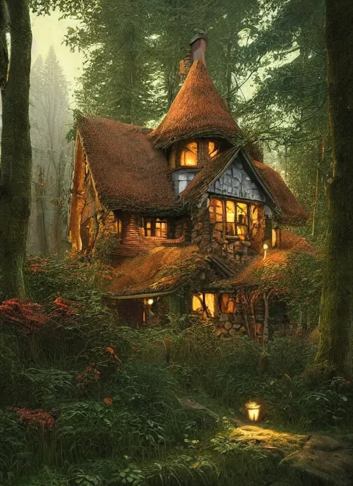 Image similar to hyper realistic homely witch cottage with random architectural styles, in the woods gorgeous lighting, highly detailed, lush forest painting by norman rockwell, james gurney zdzisław beksinski and norman rockwell and greg rutkowskiweta octane render