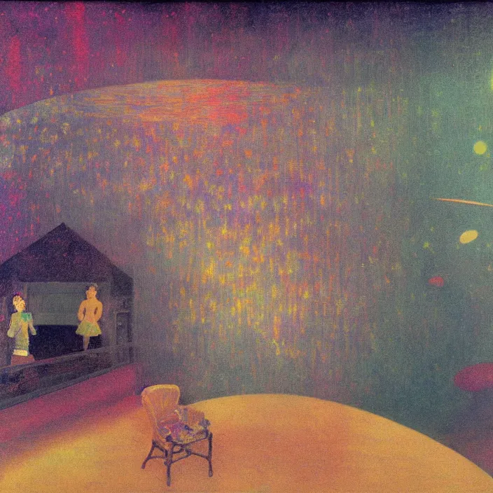 Image similar to interior of a house flooded. aurora borealis. iridescent, psychedelic colors. painting by balthus, agnes pelton, utamaro, monet
