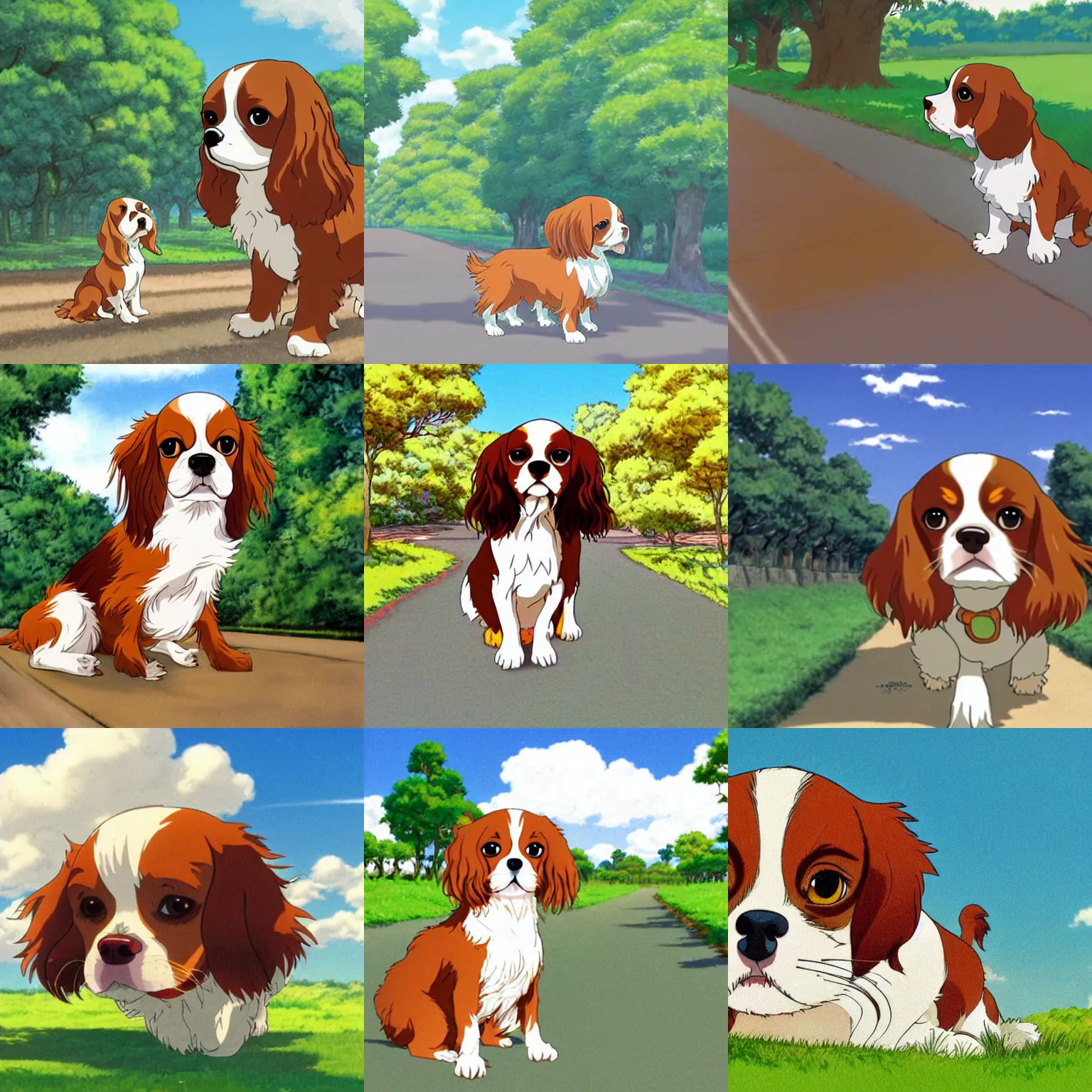 Prompt: cavalier king charles spaniel, on a road in a park on a sunny day, anime art by studio ghibli, by hayao miyazaki