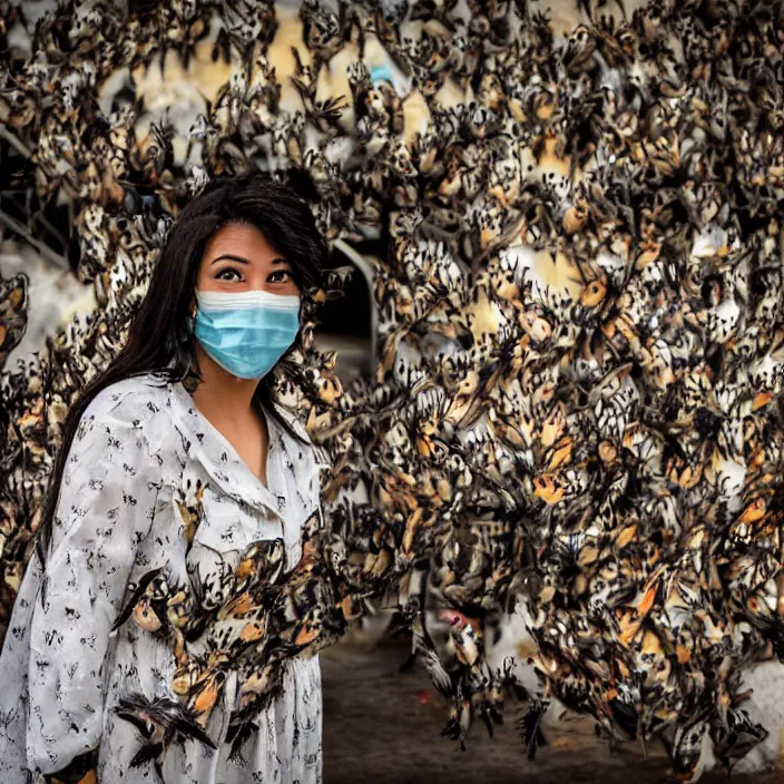 Prompt: a closeup portrait of a woman wearing a mask made of birds, in an abandoned theme park, by omar z. robles, canon eos c 3 0 0, ƒ 1. 8, 3 5 mm, 8 k, medium - format print