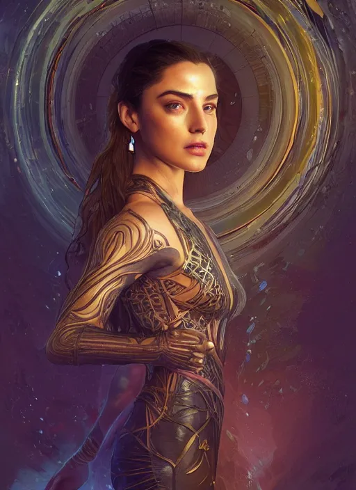 Image similar to altered carbon, Maya Ali as a sorceress, side view, tarot card, sweat drops, fibonacci, fractals, insane, prismatic, intricate, highly detailed, digital painting, artstation, concept art, smooth, sharp focus, illustration, Unreal Engine 5, 8K, art by artgerm and greg rutkowski and alphonse mucha