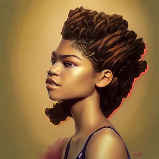 Prompt: a beautiful scenic painting of a beautiful young woman that looks like zendaya by artgerm and wlop and wes anderson and spike jonze