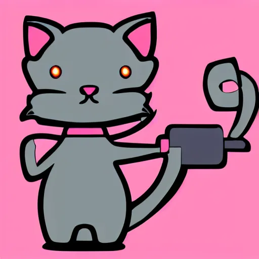 Prompt: cute grey cat pointing smg, japanese comic style, video game, pink background